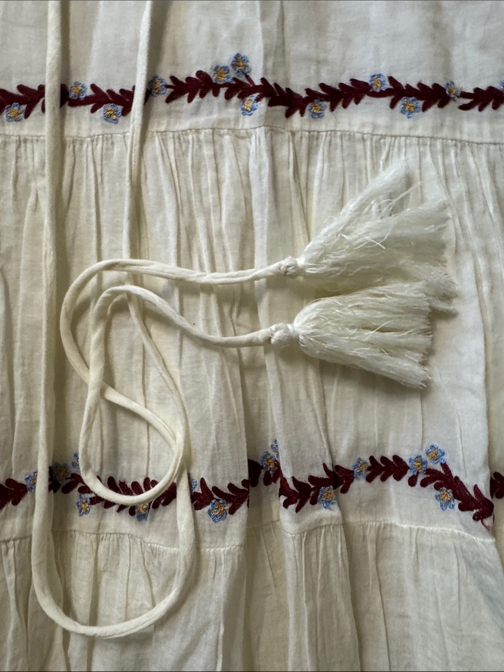 Cream Short-Sleeve Tiered Shirt Dress with Burgundy Trim - Picture 5 of 6